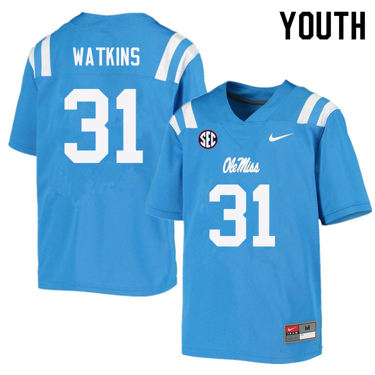 Austin Watkins Ole Miss Rebels NCAA Youth Powder Blue #31 Stitched Limited College Football Jersey YVL1558BN